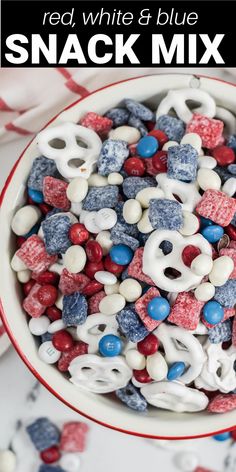 red, white and blue snack mix in a bowl with text overlay that reads red, white & blue snack mix