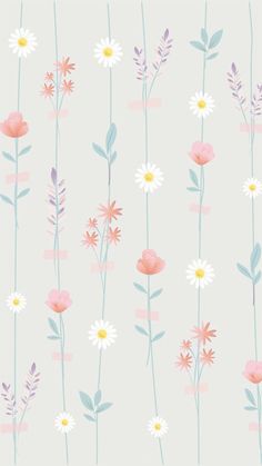 flowers and leaves on a light blue background with pink, white and yellow daisies