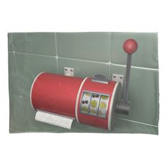 a red toilet paper dispenser mounted on a green tiled wall stock illustration