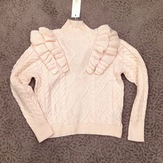 Adorable Sweater Perfect For The Holiday Season. Statement Sweater Without Being Too Busy. Easy To Coordinate. Purchased In Paris Earlier This Year. Bnwt Never Worn. Smoke, Pet And Perfume Free Home. Winter Cream Outerwear With Ruffles, Cream Fitted Sweater With Ruffles, Fitted Cream Sweater With Ruffles, Cream Ruffled Winter Outerwear, Cream Ruffled Outerwear For Winter, Casual Cream Sweater With Ruffles, Cream Ruffled Sweater For Spring, Beige Winter Outerwear With Ruffles, Beige Ruffled Winter Outerwear