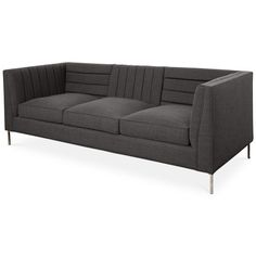 a gray couch with metal legs on a white background