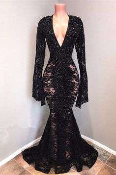 Sexy Long Sleeves Black Mermaid Prom Dress Lace V-neck Long Black Long Sleeve Prom Dress, Long Sleeve Mermaid Prom Dress, Black Mermaid Prom Dress, Black Lace Prom Dress, Prom Dress Lace, Mermaid Prom Dresses Lace, Prom Dresses Long Mermaid, Mermaid Prom Dress, Black Mermaid