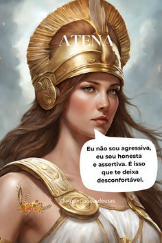 a woman wearing a golden helmet with a speech bubble in front of her face that says, attena