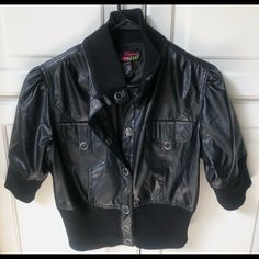 Only Wore Once, Practically Brand New!! Casual Black Leather Jacket With Buttons, Fitted Black Collared Outerwear, Black Fitted Collared Outerwear, Black Leather Jacket With Buttons For Spring, Black Cropped Jacket With Button Closure For Fall, Retro Black Leather Jacket For Spring, Trendy Black Collared Outerwear, Retro Black Outerwear For Fall, Black Button-up Cropped Jacket For Fall