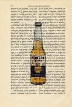 an old book page with a beer bottle on it