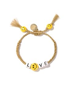 LOVE SMILEY BRACELET (GOLD) – Venessa Arizaga Adjustable Gold-tone Charm Bracelet Gift, Personalized Bohemian Gold Friendship Bracelets, Adjustable Gold Trendy Charm Bracelet, Adjustable Gold Charm Bracelet Trendy Style, Adjustable Gold Charm Bracelet For Everyday, Trendy Adjustable Gold Charm Bracelet, Casual Gold Jewelry With Adjustable Cord, Gold Charm Bracelet With Adjustable Length As Gift, Gold Adjustable Charm Bracelet