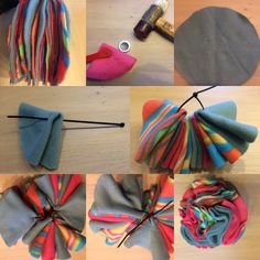 several pictures of different types of fabric and sewing needles on a table with scissors, thread, and yarn