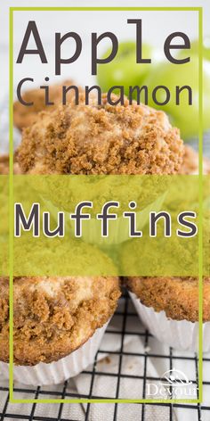 an apple cinnamon muffin on a cooling rack with the words, apples cinnamon muffins