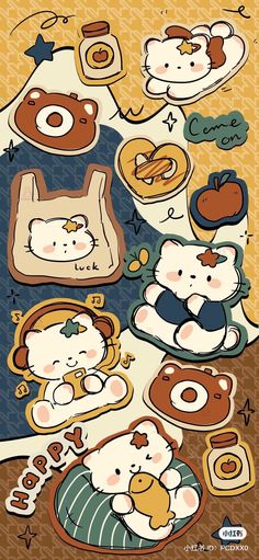 an image of some food on a table with hello kitty and other characters around it