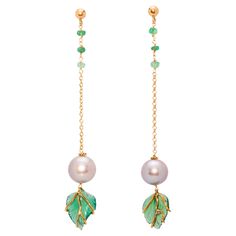 Rossella Ugolini Design Collection, Handcrafted earrings in 18 Karat Yellow Gold 0.12 Karat Emerald beads and Green Agate leaves and grey pearls. The verdant splendor of nature finds its way into these magnificent earrings, crafted in 18k gold. Green agate leaves, handcrafted with precision and care, dangle delicately from Emerald beads, evoking the natural beauty of a lush garden. Each leaf is unique, as in nature, and features veins expertly rendered in gleaming 18k gold. These stunning earrin Leaves Earrings, Nature Earrings, Emerald Bead, Green Jewelry, Green Agate, Plant Species, Emerald Earrings, Pearl Earrings Dangle, Handcrafted Earrings