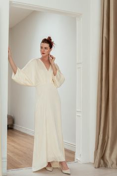 Vivienne Floor Length Dress With Train / Empire Waist Satin - Etsy Vietnam Silk V-neck Dress With Gathered Sleeves, Elegant V-neck Kimono For Spring, Silk Dresses With Kimono Sleeves, Elegant V-neck Kimono For Wedding, Elegant V-neck Wedding Kimono, Spring Dresses With Draped Kimono Sleeves, Cream Silk V-neck Maxi Dress, Spring Wedding Dress With Kimono Sleeves, Chic V-neck Silk Dress For Wedding