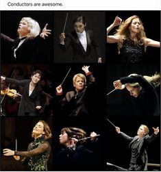 a collage of photos with musicians and conductor