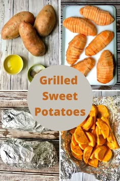 grilled sweet potatoes on tin foil and in pans, with text overlay that reads grilled sweet potatoes