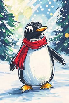 a painting of a penguin wearing a red scarf and standing in the snow with pine trees behind it