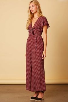 Burgundy Print Tie-Front Jumpsuit Maroon Jumpsuits, Faithful The Brand, Print Jumpsuit, Flounce Sleeve, Printed Jumpsuit, Fun Fashion, Jumpsuit Fashion, Wide Legs, Hippie Chic