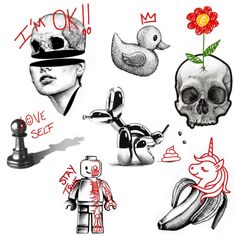 some drawings with different things on them including a robot, a skull and a flower