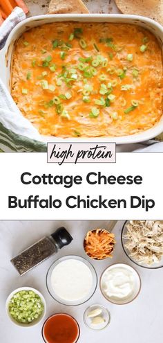 the recipe for cottage cheese buffalo chicken dip in a casserole dish