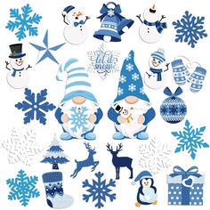 snowmen and christmas decorations are shown in blue