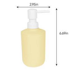 a yellow soap dispenser is shown with the measurements