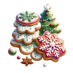 christmas cookies are arranged in the shape of snowflakes, trees and stars on a white background