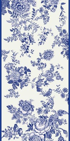 blue and white floral wallpaper with birds