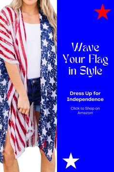 Celebrate the 4th of July in style with this chic American Flag Kimono Cardigan! Perfect for beach parties, parades, or any patriotic celebration. This versatile cover-up fits sizes S to XL, making it a great choice for a range of body types. Flaunt your patriotic spirit with this lightweight, beautifully printed kimono – ideal for layering over swimsuits, tank tops, or casual dresses. Don't miss out on this must-have Independence Day attire! Shop now on Amazon for the best in 4th of July outfits! #4thOfJulyOutfit #PatrioticWear #KimonoCardigan #AmazonFashion American Flag Kimono, July Outfits, Printed Kimono, Beach Parties, Kimono Cardigan