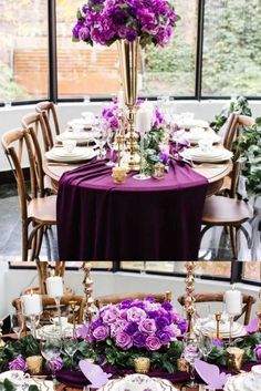 the table is set with purple flowers and gold place settings for an elegant dinner party