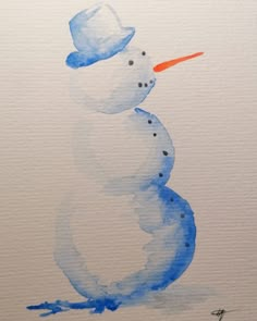 a watercolor painting of a snowman with a carrot in his mouth and hat on