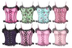 six different colored corsets with laces on them