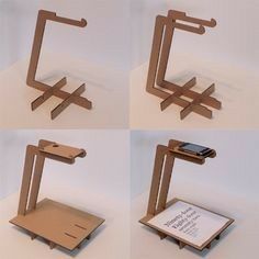 four different angles of a cell phone holder made out of wood and plywood planks