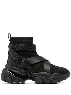 black calf leather round toe multi-way strap design ankle-length pull-tab at the heel chunky rubber sole Black Leather High-top Sneakers With Lug Sole, Bold Black Leather Boots, Black High-top Calf Leather Moto Boots, High-top Calf Leather Moto Boots With Rubber Sole, Black Ankle-high High-top Sneakers With Lug Sole, Modern Black Platform Boots With Vibram Sole, Cyberpunk Boots, Cybercore Clothes, Cyberpunk Shoes