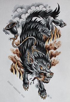 an ink drawing of a black dragon with horns and fire coming out of its mouth