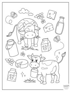 a black and white drawing of a cow with various items in it's mouth