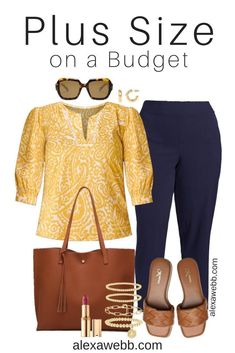 Plus Size on a Budget – Yellow Summer Work Outfit - A plus size business casual outfit idea for summer with a yellow paisley blouse, navy pants, a tan tote bag, and tan slide sandals. Alexa Webb Plus Size On A Budget, Business Casual Womens Fashion, Summer Work Outfit, Alexa Webb, Plus Size Winter Outfits, Budget Outfits, Loungewear Fashion, Summer Work, Summer Work Outfits