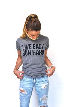 Sarah Marie Design Studio Unisex Tee Live Easy Run Hard Cotton Stretch T-shirt With Text Print, Basic Gray T-shirt For Workout, Gray Stretch Casual T-shirt, Casual Pre-shrunk T-shirt For Workout, Casual Stretch T-shirt With Text Print, Tri-blend Letter Print Workout T-shirt, Gray Cotton Workout T-shirt, Gray Stretch T-shirt For Everyday, Cotton Comfortable Fit T-shirt For Workout