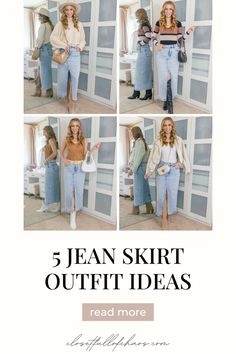 It's no secret that a long denim skirt has been a trendy addition to any wardrobe recently. It's easy to see why! There are so many ways to wear a long jean skirt and it transitions beautifully from season to season. Here are 5 long skirt outfit ideas for fall with one denim skirt. How To Wear Long Denim Skirt, How To Style Long Denim Skirt, Jeans Skirt Outfit Winter, Jean Skirt Outfit Ideas, Long Blue Jean Skirt, Jean Skirt Outfits Fall