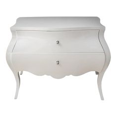 a white dresser with two drawers on one side and an open drawer on the other