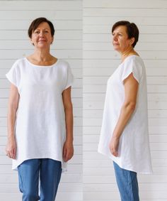 "Simple linen top with extended back, short sleeves and crew neckline. Fits very well with pants, leggings or skirts! Handmade from washed and soft medium weight 100% linen. DESCRIPTION: -High quality European linen (OEKO-TEX certified); -Color on model: white and black (other colors please choose on the right); -Medium weight linen; -Not transparent; -Softened; -Doesn't shrink anymore; -No need to iron. SIZES: For perfect fit please send us your bust and hip measurements when ordering! We will Lagenlook Short Sleeve Blouse In Relaxed Fit, Casual Oversized Short Sleeve Tunic, Casual Crew Neck Tunic For Summer, Casual Summer Tunic With Crew Neck, Summer Lagenlook Short Sleeve Blouse, Linen Lagenlook Tunic With Short Sleeves, White Short Sleeve Casual Tunic, White Linen Short Sleeve Tunic, Spring Short Sleeve Linen Tunic