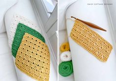 two pictures side by side one has a crochet bag and the other has a knitting needle