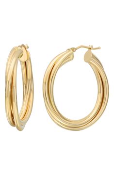 A twisted silhouette brings a contemporary look to these handcrafted hoop earrings. 1 1/4" hoop diameter Snap-post closure 14k gold Made in Italy 14k Gold Hoop Earrings, Twisted Hoop Earrings, Bony Levy, Gold Hoop, Gold Hoop Earrings, Hoop Earrings, In Italy, Yellow Gold, Nordstrom