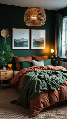 A cozy bedroom with a dark green accent wall, woven rattan pendant light, and framed landscape artwork. Terracotta and green bedding, alongside a wooden nightstand and houseplant, complete the look. Green And Rustic Orange Bedroom, Modern Dark Green Bedroom, Emerald Green And Terracotta Bedroom, Forest Green And Gold Bedroom Ideas, Dark Green Mid Century Bedroom, Rust Orange And Green Bedroom, Bright Guest Room, Deep Green Bedroom Walls, Dark Green Master Bedrooms Decor Cozy