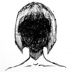 a black and white drawing of a woman's head with her hair pulled back