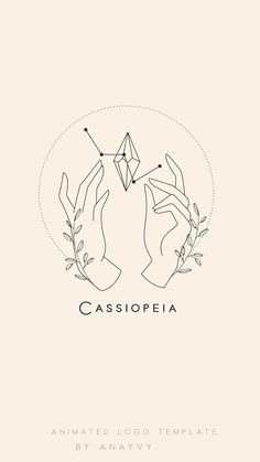 two hands holding each other with the word cassiolpeia written in it and surrounded by leaves