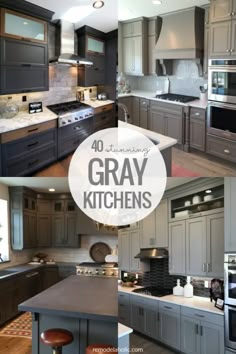 gray kitchen cabinets and counter tops with text overlay that reads 40 amazing gray kitchens