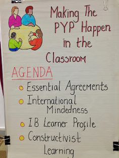 a white sign with writing on it that says making the pyp happen in the classroom