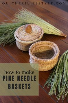 two pine needle baskets sitting on top of a wooden table next to some green grass