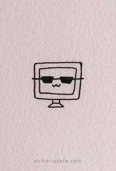 a drawing of a computer monitor with sunglasses on it's face and the screen is drawn in black ink