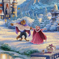 a painting of a bear and princess dancing in front of a castle with snow on the ground