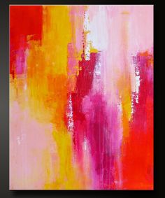 an abstract painting with pink, yellow and red colors