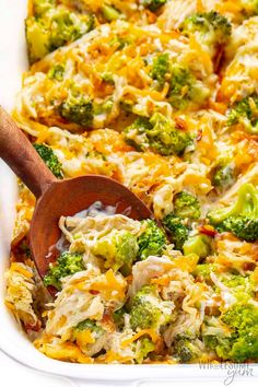 a casserole dish with broccoli and cheese in it is ready to be eaten